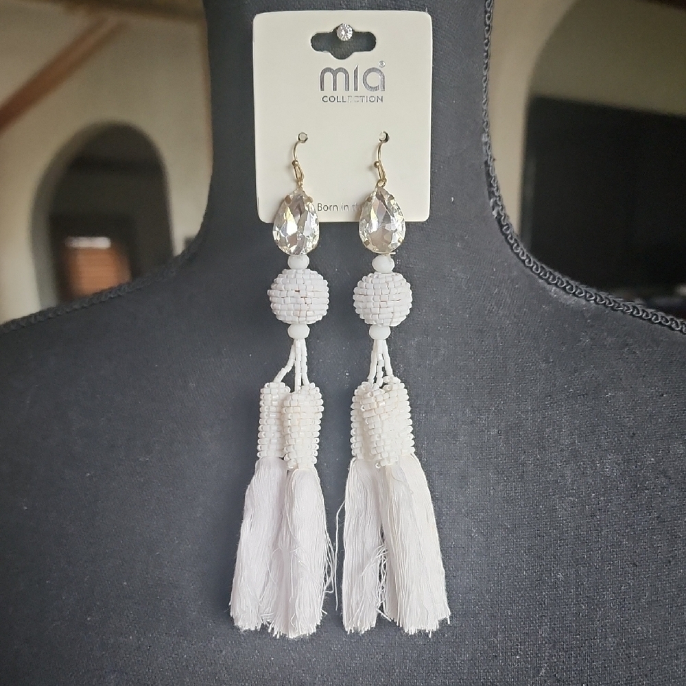 MIA White Tassel Earrings with Bead Accent